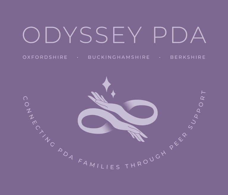Odyssey PDA logo Two hands in an infintiy loop. Text reads: Odyssey PDA, oxfordshire buckinghamshire berkshire. Connecting PDA families through peer support
